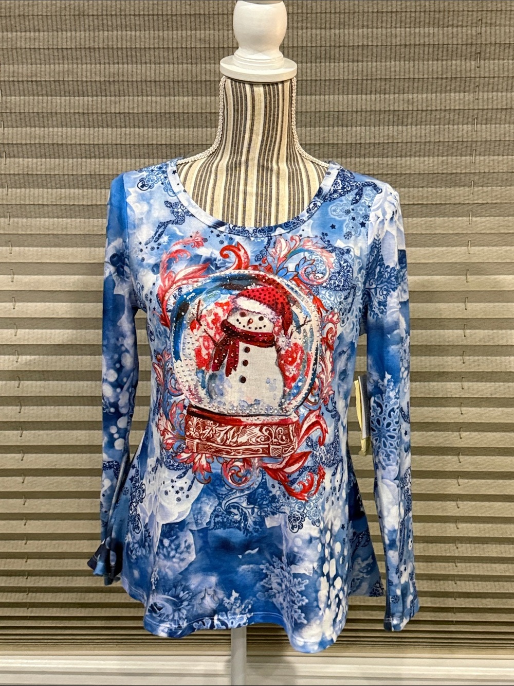 ONE WORLD Beaded Blue Long-Sleeve Snowman Graphic Tee